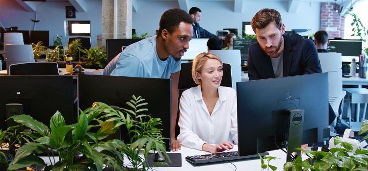 a group of information technology professionals huddle around a desktop computer
